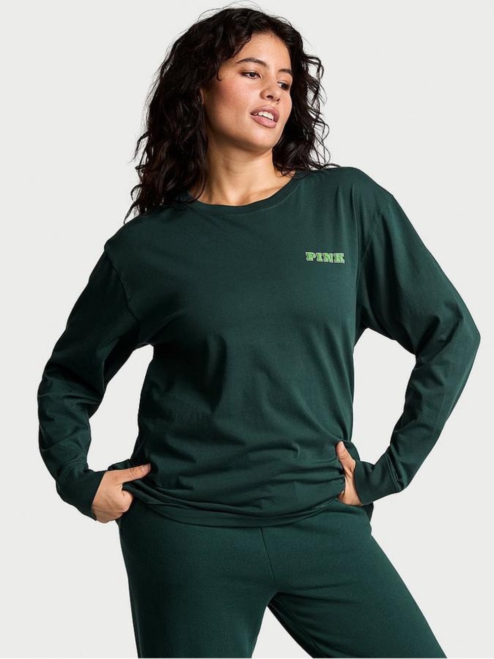 PINK Victoria's Secret Forest Green Long-Sleeve Crest Graphic Tee - Picture 3 of 10